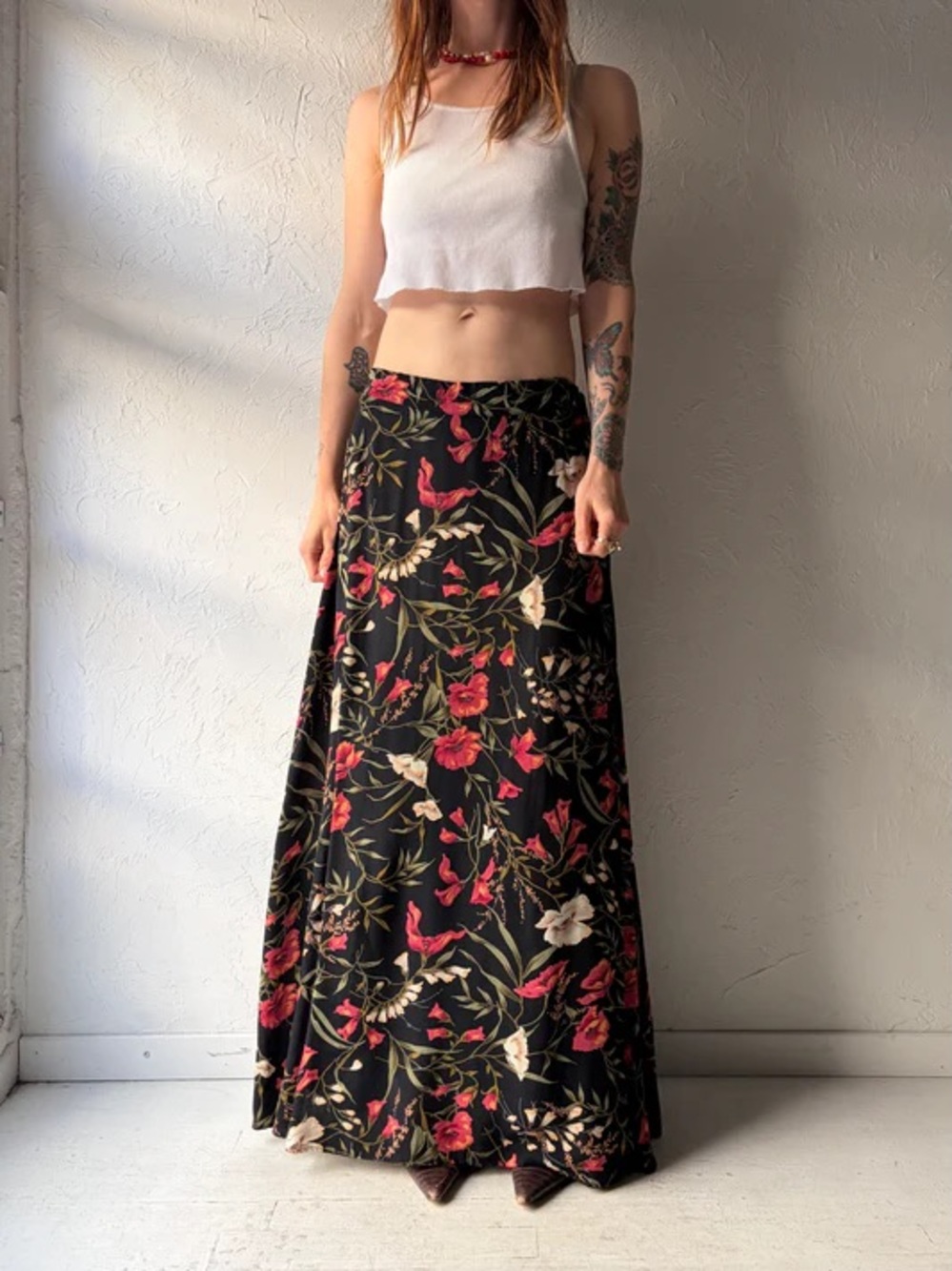 Floral Maxi Skirt in Black with Red & Cream Blooms